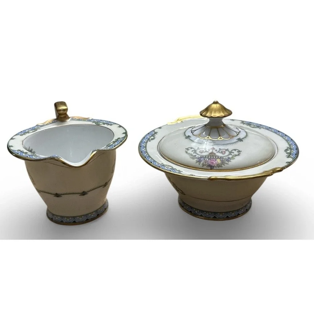 Noritake Creamer and Lidded Sugar Bowl Favorita Fine Gold Rim Vintage Japan